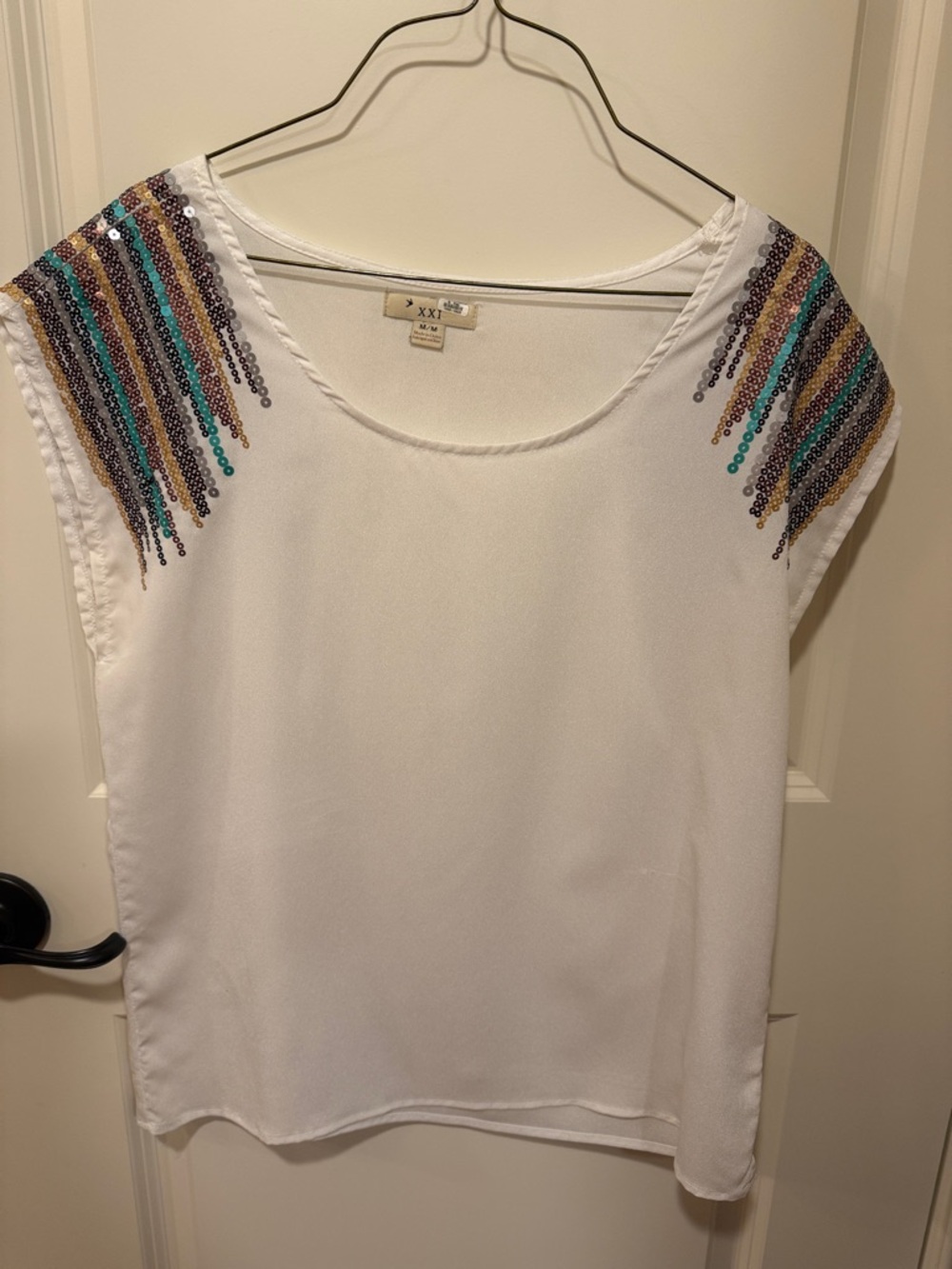 Forever 21 White Cap-Sleeve Top with Multicolor Sequin Shoulders